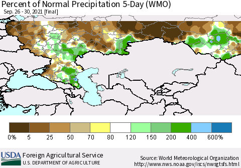 Russian Federation Percent of Normal Precipitation 5-Day (WMO) Thematic Map For 9/26/2021 - 9/30/2021