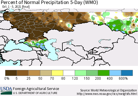 Russian Federation Percent of Normal Precipitation 5-Day (WMO) Thematic Map For 10/1/2021 - 10/5/2021