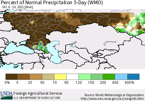 Russian Federation Percent of Normal Precipitation 5-Day (WMO) Thematic Map For 10/6/2021 - 10/10/2021