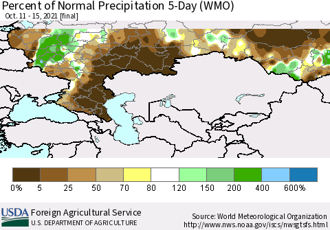 Russian Federation Percent of Normal Precipitation 5-Day (WMO) Thematic Map For 10/11/2021 - 10/15/2021