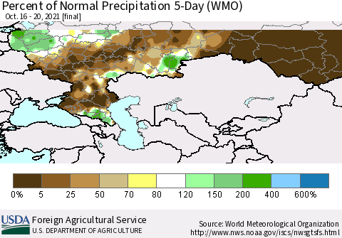 Russian Federation Percent of Normal Precipitation 5-Day (WMO) Thematic Map For 10/16/2021 - 10/20/2021