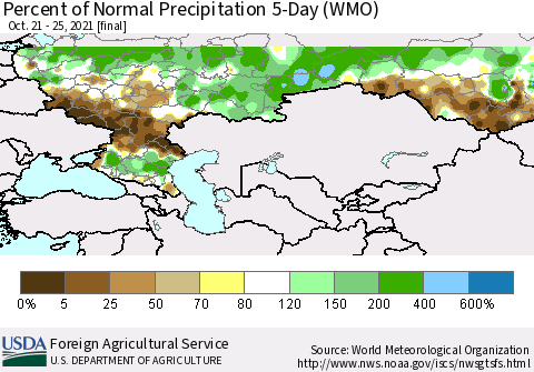 Russian Federation Percent of Normal Precipitation 5-Day (WMO) Thematic Map For 10/21/2021 - 10/25/2021