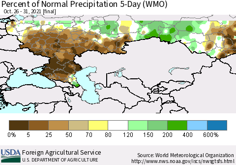 Russian Federation Percent of Normal Precipitation 5-Day (WMO) Thematic Map For 10/26/2021 - 10/31/2021