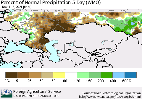 Russian Federation Percent of Normal Precipitation 5-Day (WMO) Thematic Map For 11/1/2021 - 11/5/2021