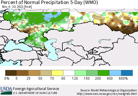 Russian Federation Percent of Normal Precipitation 5-Day (WMO) Thematic Map For 11/6/2021 - 11/10/2021