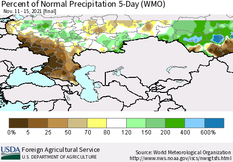 Russian Federation Percent of Normal Precipitation 5-Day (WMO) Thematic Map For 11/11/2021 - 11/15/2021