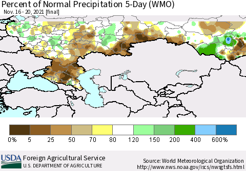 Russian Federation Percent of Normal Precipitation 5-Day (WMO) Thematic Map For 11/16/2021 - 11/20/2021