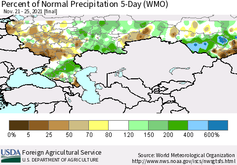 Russian Federation Percent of Normal Precipitation 5-Day (WMO) Thematic Map For 11/21/2021 - 11/25/2021