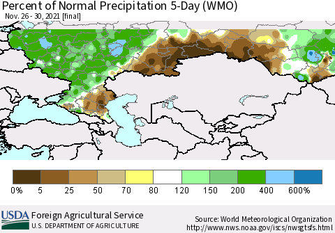 Russian Federation Percent of Normal Precipitation 5-Day (WMO) Thematic Map For 11/26/2021 - 11/30/2021
