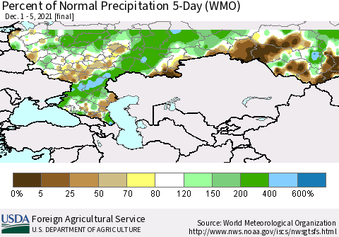 Russian Federation Percent of Normal Precipitation 5-Day (WMO) Thematic Map For 12/1/2021 - 12/5/2021