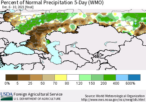 Russian Federation Percent of Normal Precipitation 5-Day (WMO) Thematic Map For 12/6/2021 - 12/10/2021