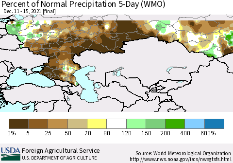 Russian Federation Percent of Normal Precipitation 5-Day (WMO) Thematic Map For 12/11/2021 - 12/15/2021