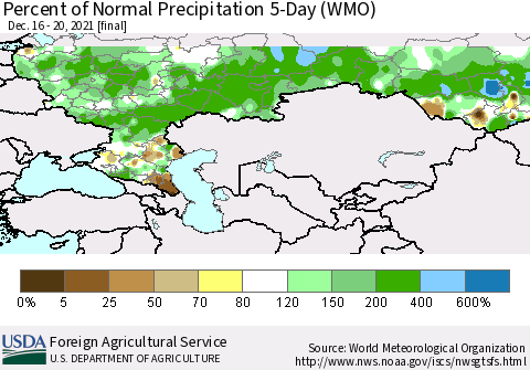 Russian Federation Percent of Normal Precipitation 5-Day (WMO) Thematic Map For 12/16/2021 - 12/20/2021