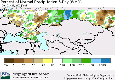 Russian Federation Percent of Normal Precipitation 5-Day (WMO) Thematic Map For 12/21/2021 - 12/25/2021