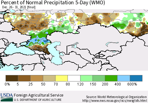 Russian Federation Percent of Normal Precipitation 5-Day (WMO) Thematic Map For 12/26/2021 - 12/31/2021