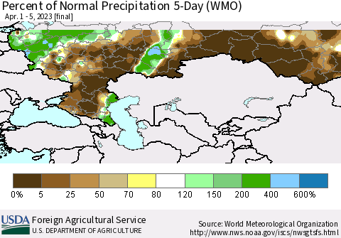 Russian Federation Percent of Normal Precipitation 5-Day (WMO) Thematic Map For 4/1/2023 - 4/5/2023