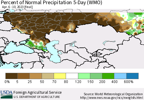 Russian Federation Percent of Normal Precipitation 5-Day (WMO) Thematic Map For 4/6/2023 - 4/10/2023
