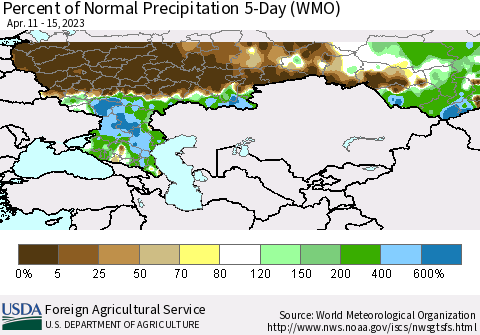 Russian Federation Percent of Normal Precipitation 5-Day (WMO) Thematic Map For 4/11/2023 - 4/15/2023