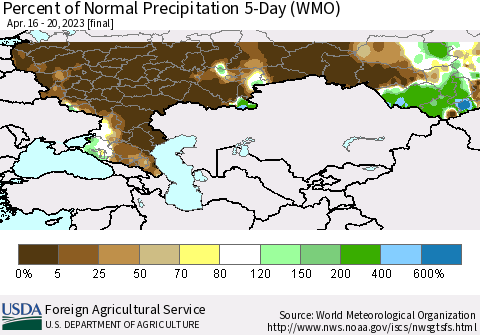 Russian Federation Percent of Normal Precipitation 5-Day (WMO) Thematic Map For 4/16/2023 - 4/20/2023