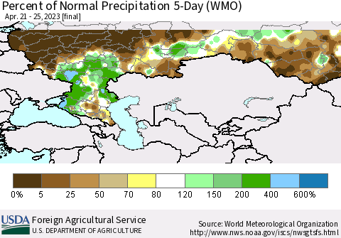 Russian Federation Percent of Normal Precipitation 5-Day (WMO) Thematic Map For 4/21/2023 - 4/25/2023