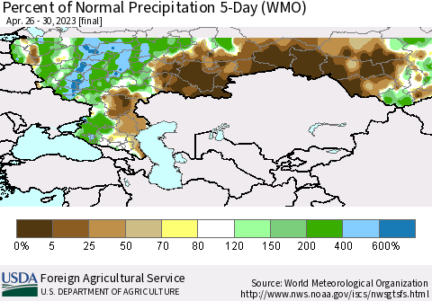 Russian Federation Percent of Normal Precipitation 5-Day (WMO) Thematic Map For 4/26/2023 - 4/30/2023