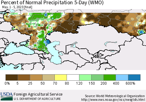 Russian Federation Percent of Normal Precipitation 5-Day (WMO) Thematic Map For 5/1/2023 - 5/5/2023