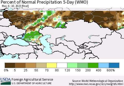 Russian Federation Percent of Normal Precipitation 5-Day (WMO) Thematic Map For 5/6/2023 - 5/10/2023