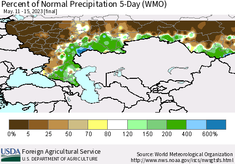 Russian Federation Percent of Normal Precipitation 5-Day (WMO) Thematic Map For 5/11/2023 - 5/15/2023
