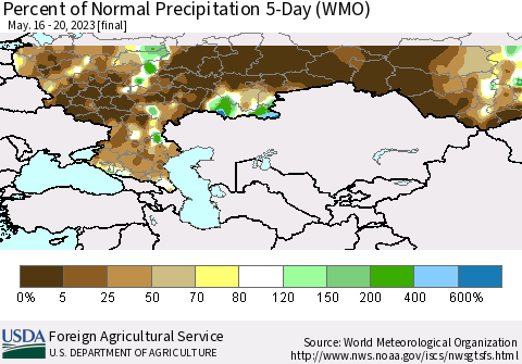 Russian Federation Percent of Normal Precipitation 5-Day (WMO) Thematic Map For 5/16/2023 - 5/20/2023