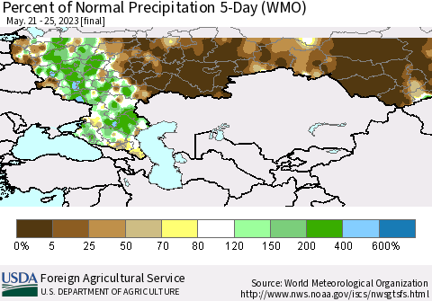 Russian Federation Percent of Normal Precipitation 5-Day (WMO) Thematic Map For 5/21/2023 - 5/25/2023