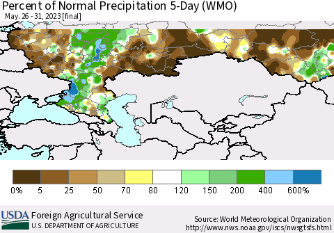 Russian Federation Percent of Normal Precipitation 5-Day (WMO) Thematic Map For 5/26/2023 - 5/31/2023