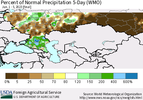 Russian Federation Percent of Normal Precipitation 5-Day (WMO) Thematic Map For 6/1/2023 - 6/5/2023
