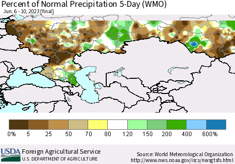 Russian Federation Percent of Normal Precipitation 5-Day (WMO) Thematic Map For 6/6/2023 - 6/10/2023