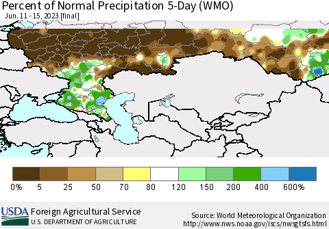 Russian Federation Percent of Normal Precipitation 5-Day (WMO) Thematic Map For 6/11/2023 - 6/15/2023