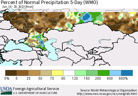 Russian Federation Percent of Normal Precipitation 5-Day (WMO) Thematic Map For 6/16/2023 - 6/20/2023