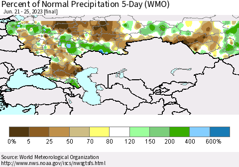 Russian Federation Percent of Normal Precipitation 5-Day (WMO) Thematic Map For 6/21/2023 - 6/25/2023