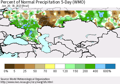 Russian Federation Percent of Normal Precipitation 5-Day (WMO) Thematic Map For 6/26/2023 - 6/30/2023