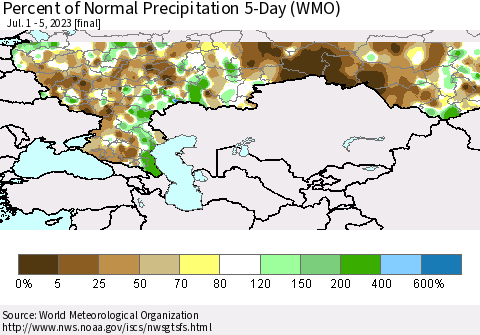 Russian Federation Percent of Normal Precipitation 5-Day (WMO) Thematic Map For 7/1/2023 - 7/5/2023