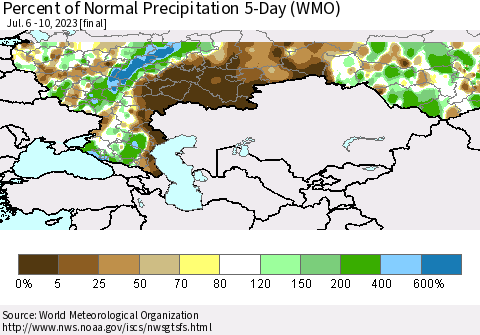 Russian Federation Percent of Normal Precipitation 5-Day (WMO) Thematic Map For 7/6/2023 - 7/10/2023