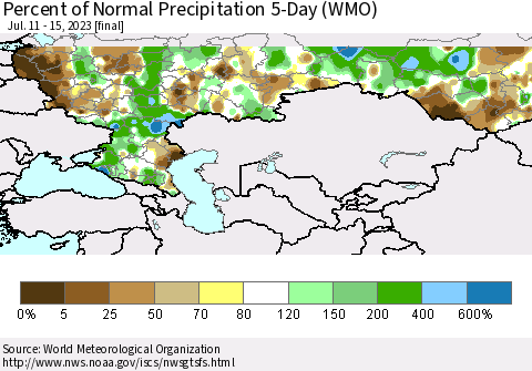 Russian Federation Percent of Normal Precipitation 5-Day (WMO) Thematic Map For 7/11/2023 - 7/15/2023