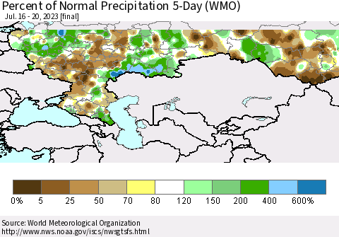 Russian Federation Percent of Normal Precipitation 5-Day (WMO) Thematic Map For 7/16/2023 - 7/20/2023
