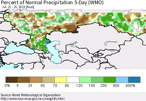 Russian Federation Percent of Normal Precipitation 5-Day (WMO) Thematic Map For 7/21/2023 - 7/25/2023