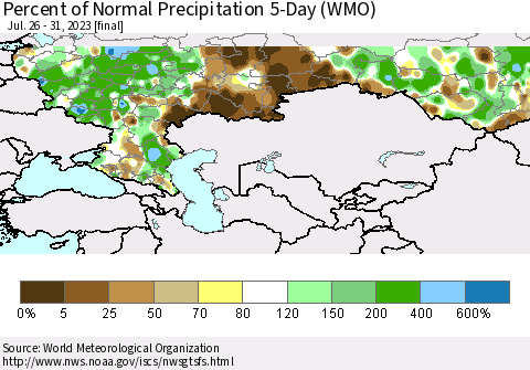 Russian Federation Percent of Normal Precipitation 5-Day (WMO) Thematic Map For 7/26/2023 - 7/31/2023