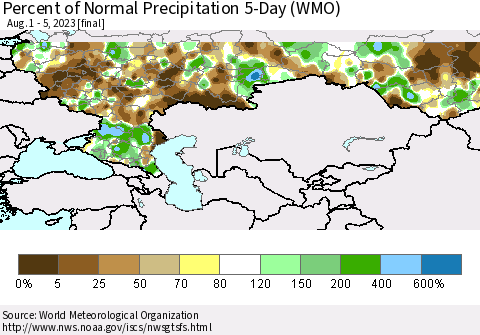 Russian Federation Percent of Normal Precipitation 5-Day (WMO) Thematic Map For 8/1/2023 - 8/5/2023