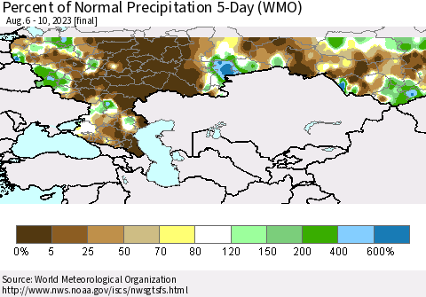 Russian Federation Percent of Normal Precipitation 5-Day (WMO) Thematic Map For 8/6/2023 - 8/10/2023