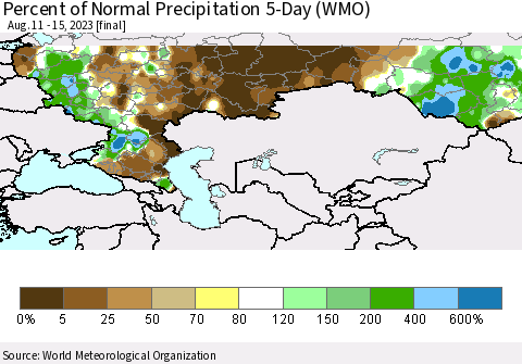 Russian Federation Percent of Normal Precipitation 5-Day (WMO) Thematic Map For 8/11/2023 - 8/15/2023