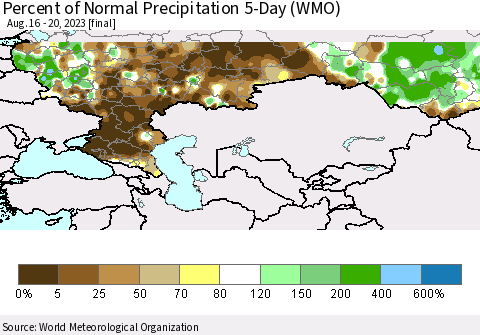 Russian Federation Percent of Normal Precipitation 5-Day (WMO) Thematic Map For 8/16/2023 - 8/20/2023