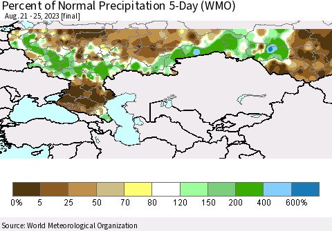 Russian Federation Percent of Normal Precipitation 5-Day (WMO) Thematic Map For 8/21/2023 - 8/25/2023