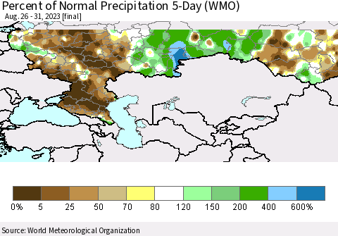 Russian Federation Percent of Normal Precipitation 5-Day (WMO) Thematic Map For 8/26/2023 - 8/31/2023