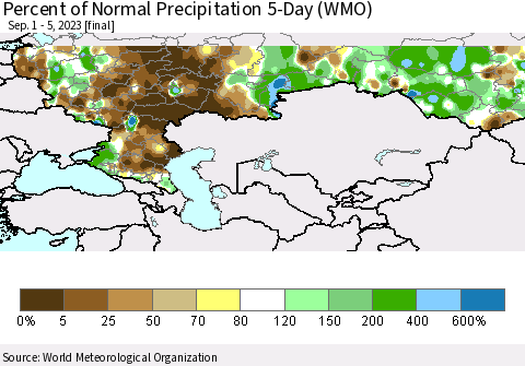 Russian Federation Percent of Normal Precipitation 5-Day (WMO) Thematic Map For 9/1/2023 - 9/5/2023